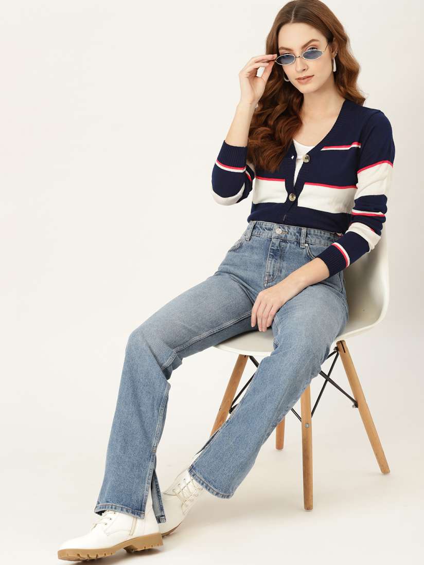 Buy DressBerry Women Navy Blue White Striped Cardigan Sweaters for Women 14179062 Myntra