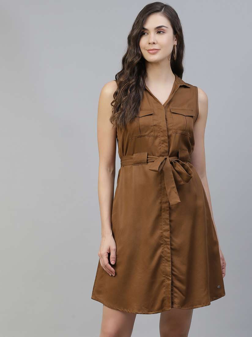 Buy Allen Solly Woman Brown Solid Satin Shirt Dress Dresses for Women 14193482 Myntra