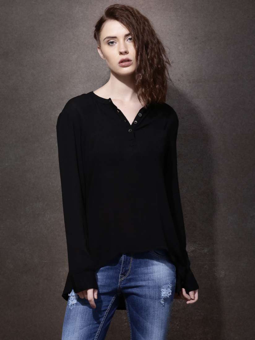 Buy Roadster Women Black Henley Neck Pure Cotton Top Tops for Women 1420183 Myntra
