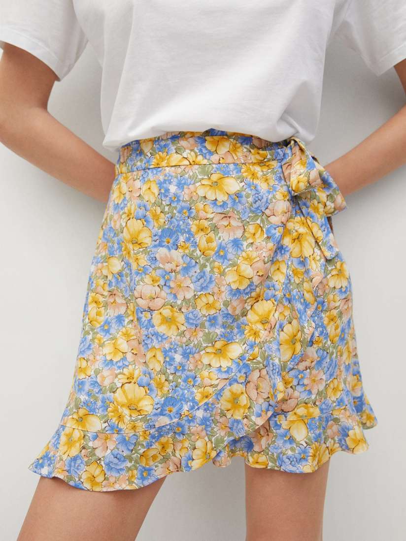 Yellow floral wrap mini skirt cheap