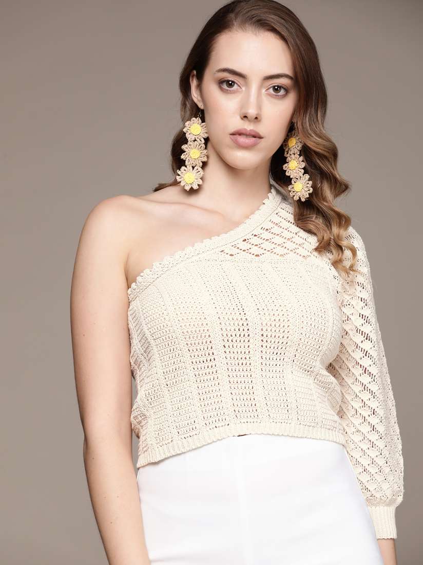 Buy MANGO Women Off White One Shoulder Cable Knit Sustainable Cotton Pullover Sweaters for Women 14210902 Myntra