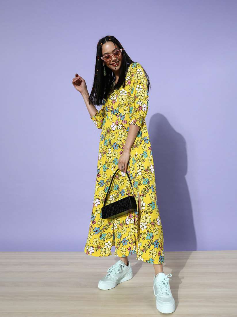 Buy DressBerry Women Bright Yellow Floral Puff Sleeves Dress Dresses for Women 14216692 Myntra
