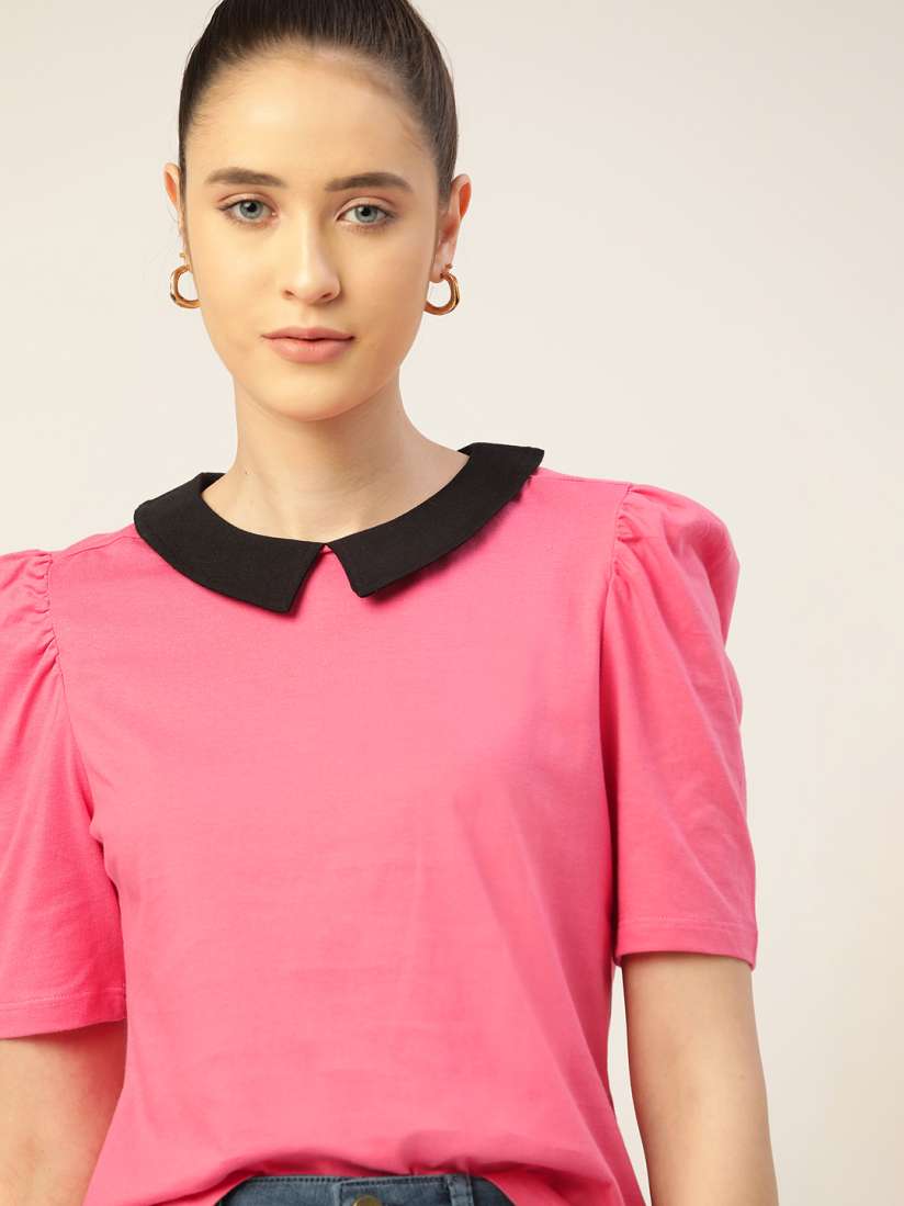 Buy DressBerry Pink Black Peter Pan Collar Pure Cotton Sustainable Recycled Top Tops for Women 14220528 Myntra