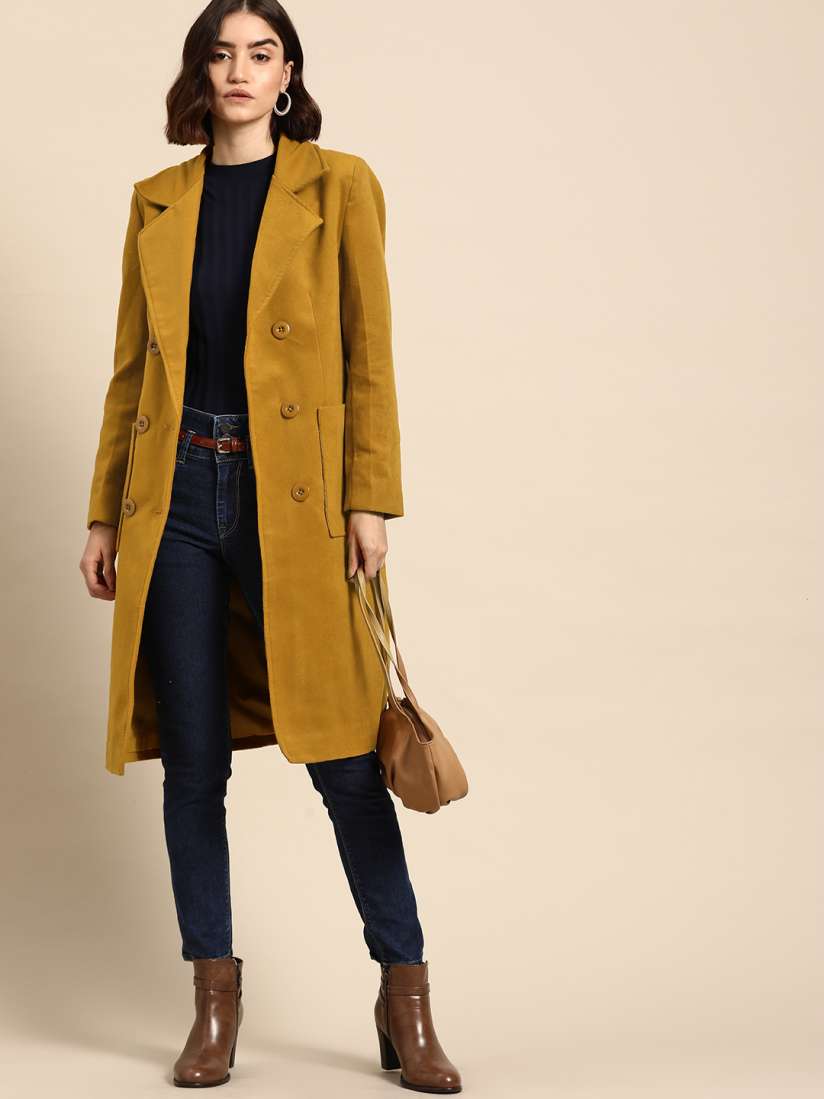 Buy all about you Women Mustard Yellow Solid Single Breasted Overcoat with Oversized Pockets Coats for Women 14231004 Myntra