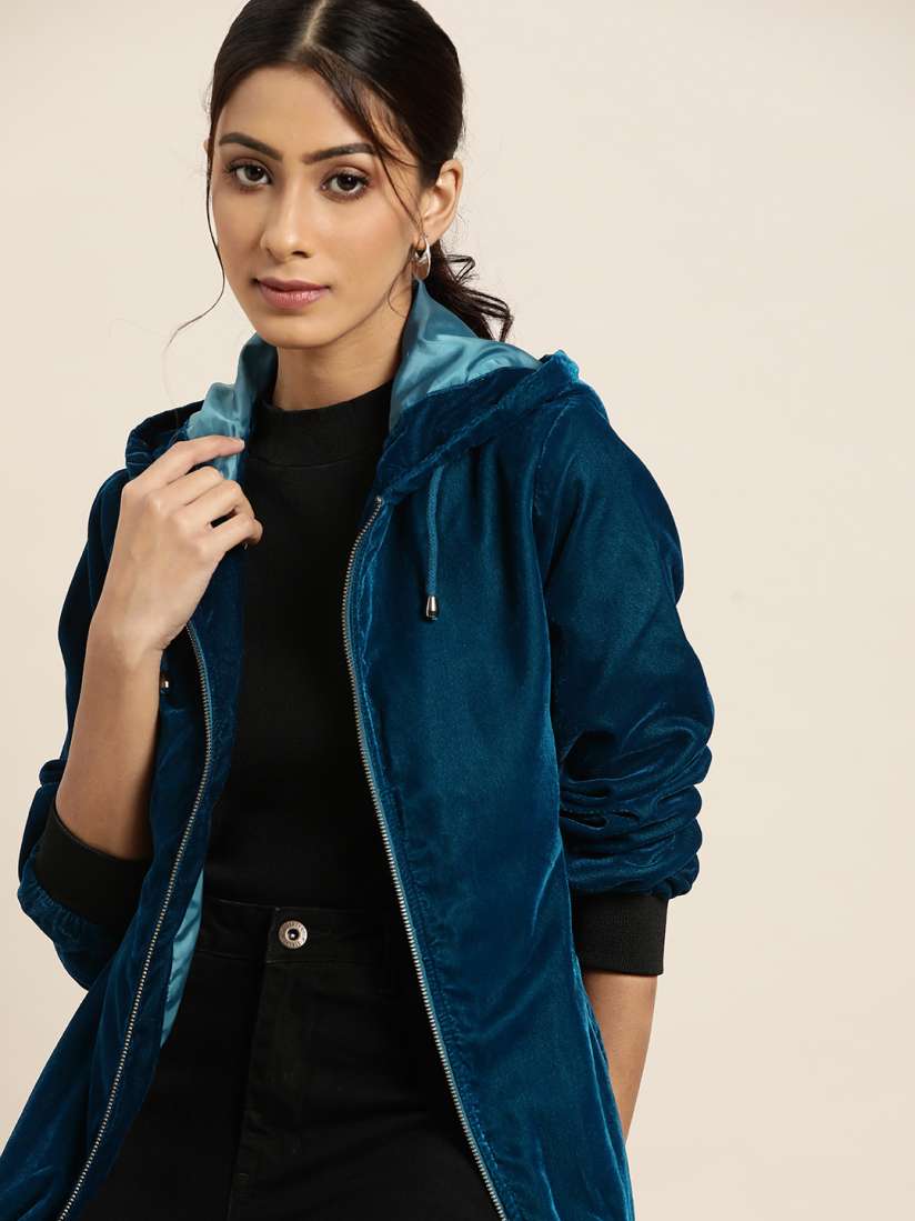Buy all about you Women Teal Blue Velvet Finish Bomber Jacket Jackets for Women 14231056 Myntra
