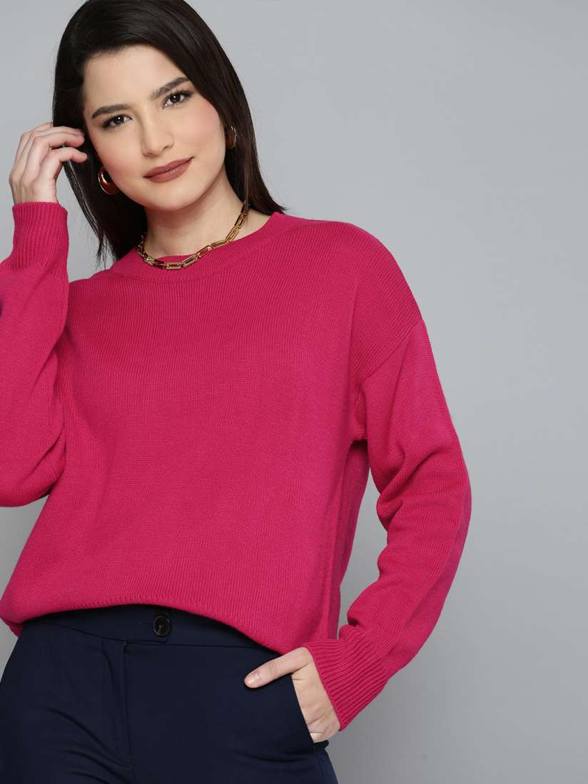 Buy Chemistry Women Bright Pink Round Neck Full Sleeved Self Design Pullover Sweater Sweaters for Women 14231662 Myntra