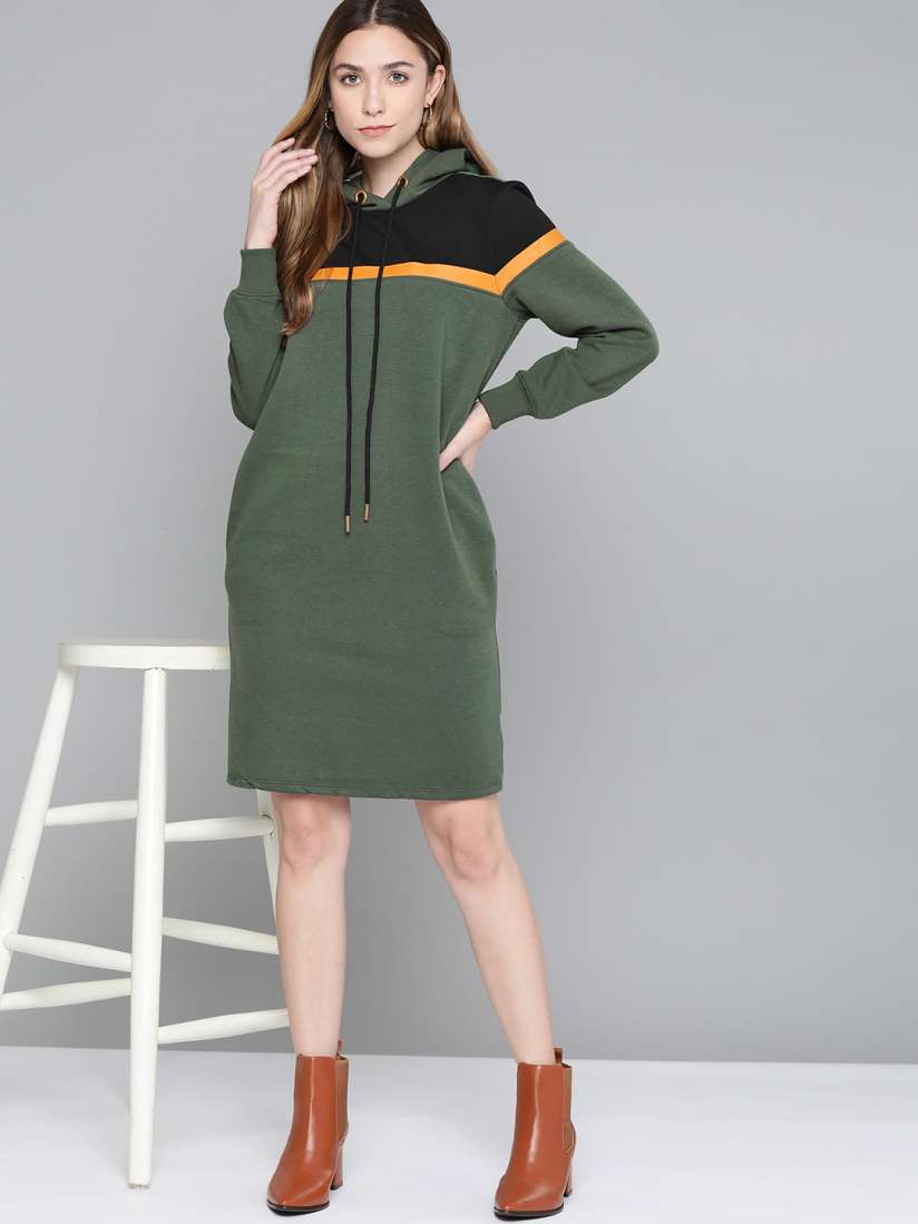Buy Chemistry Olive Green Black Colourblocked Sweatshirt Dress Dresses for Women 14231772 Myntra