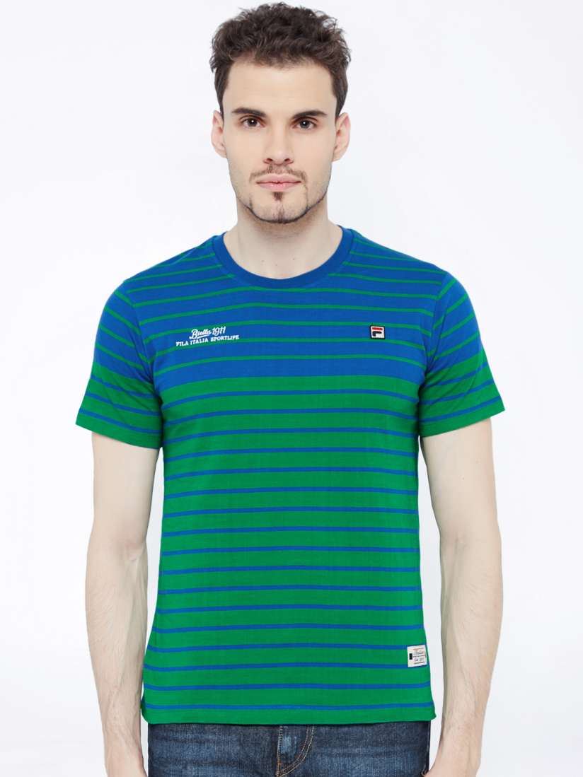 Buy FILA Men Blue Green Striped Round Neck Pure Cotton T shirt Tshirts for Men 1426916 Myntra