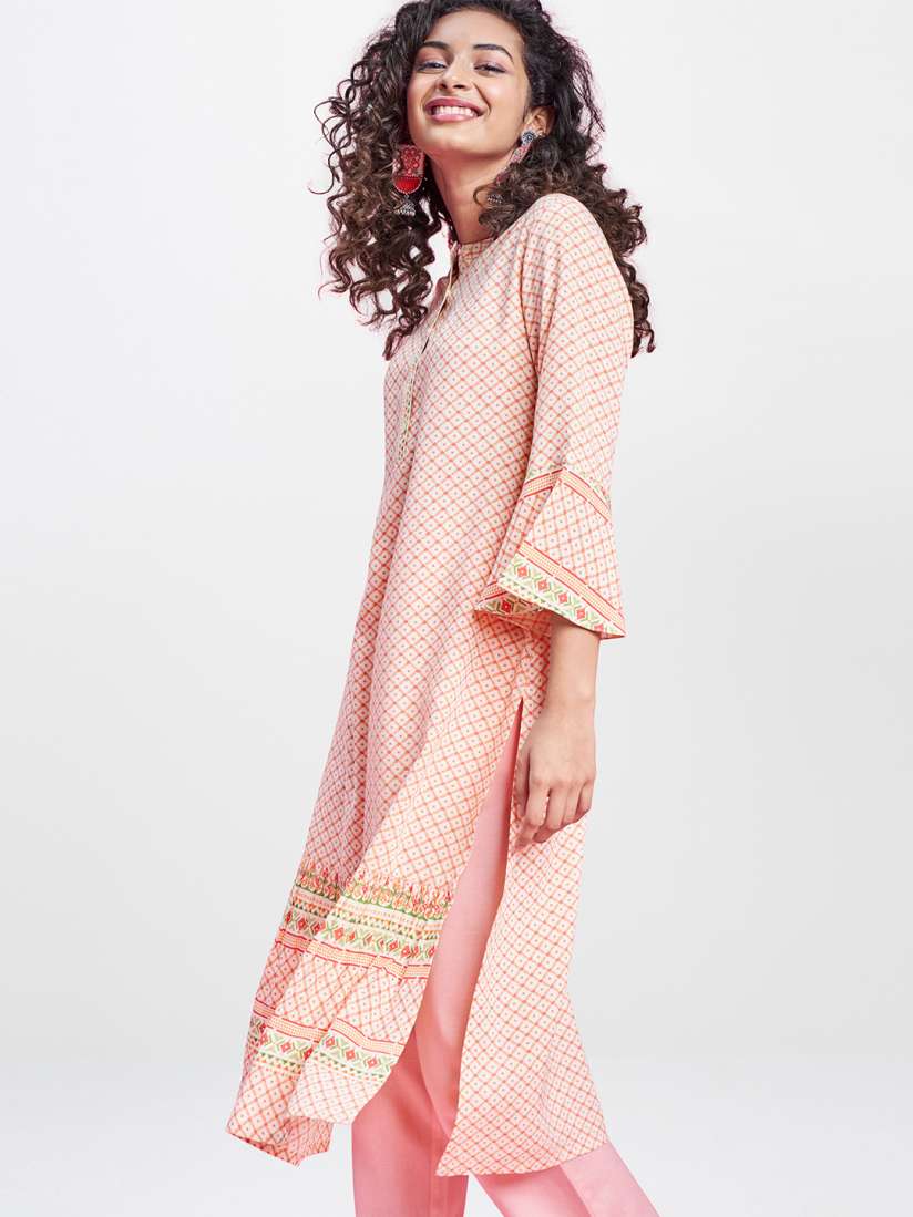 Buy Global Desi Women Off White Pink Printed Bell Sleeves Kurta Kurtas for Women 14270614 Myntra