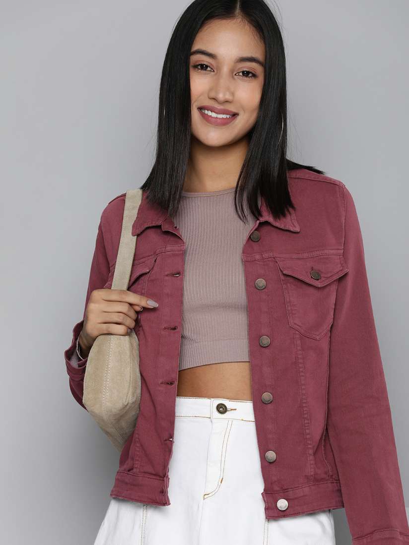 Buy HERE NOW Women Burgundy Denim Jacket Jackets for Women 14274116 Myntra