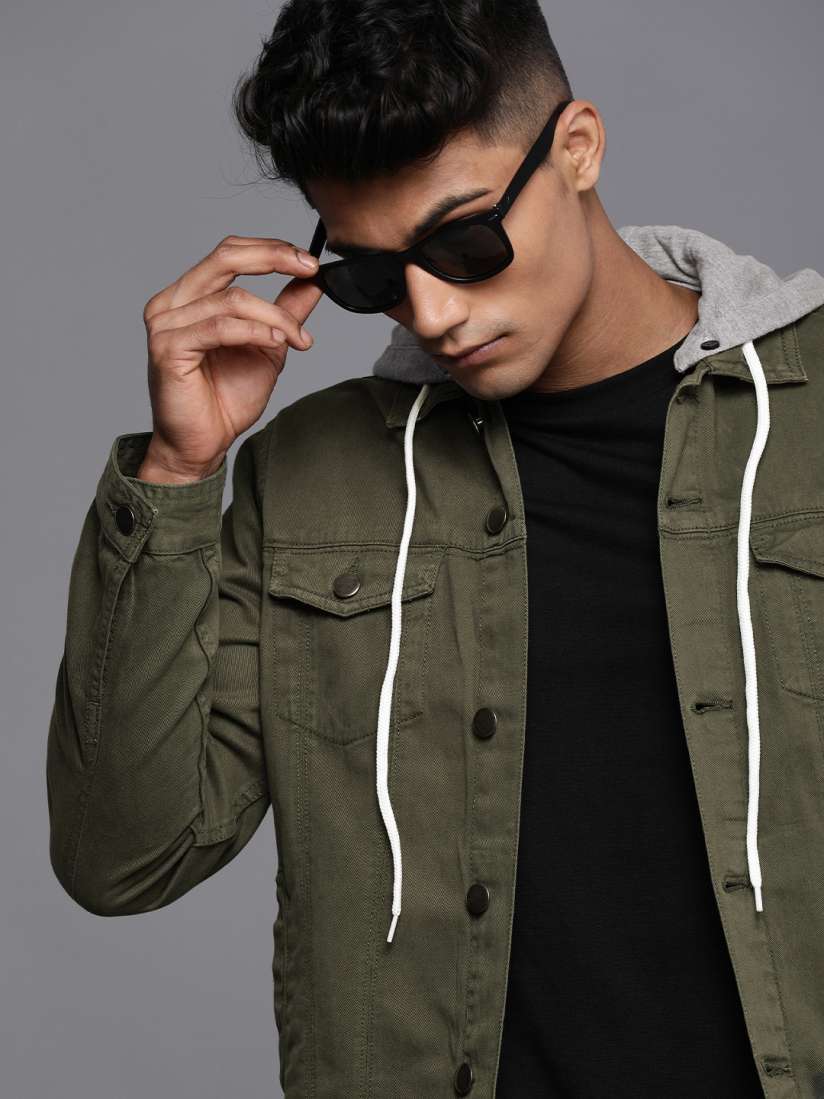 Buy WROGN Men Olive Green Solid Denim Jacket with Detachable Hood Jackets for Men 14296108 Myntra