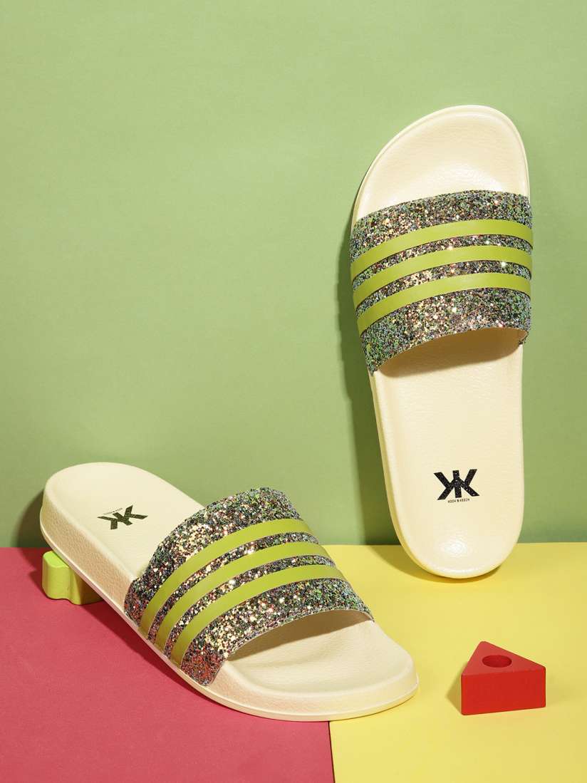 Buy Kook N Keech Women Green Striped Glitter Sliders Flip Flops for Women 14304968 Myntra