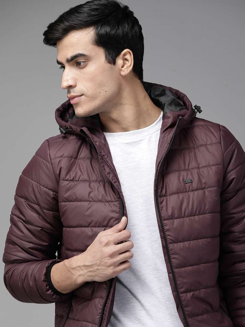 Puffer Hooded Jacket Burgundy Puffer Jacket Mens Buy Roadster Men