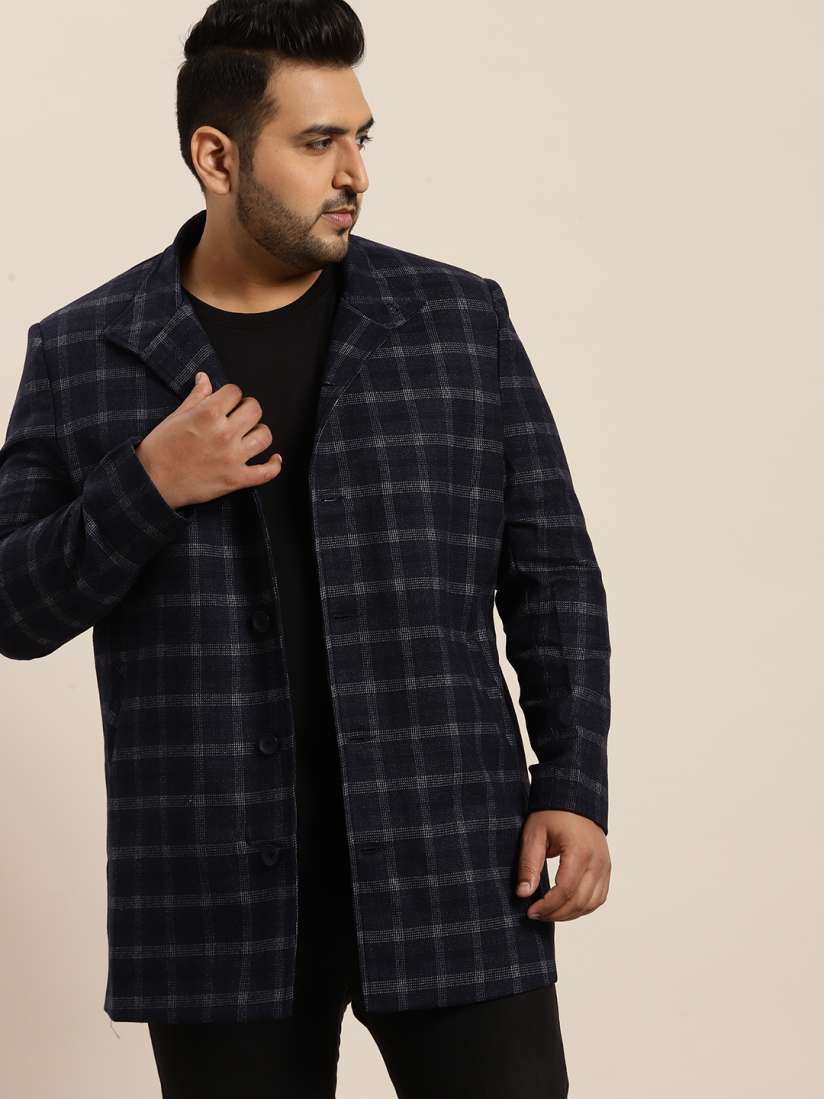 Buy Sztori Plus Size Men Navy Blue White Checked Hip Length Regular Fit Overcoat Coats for Men 14311494 Myntra