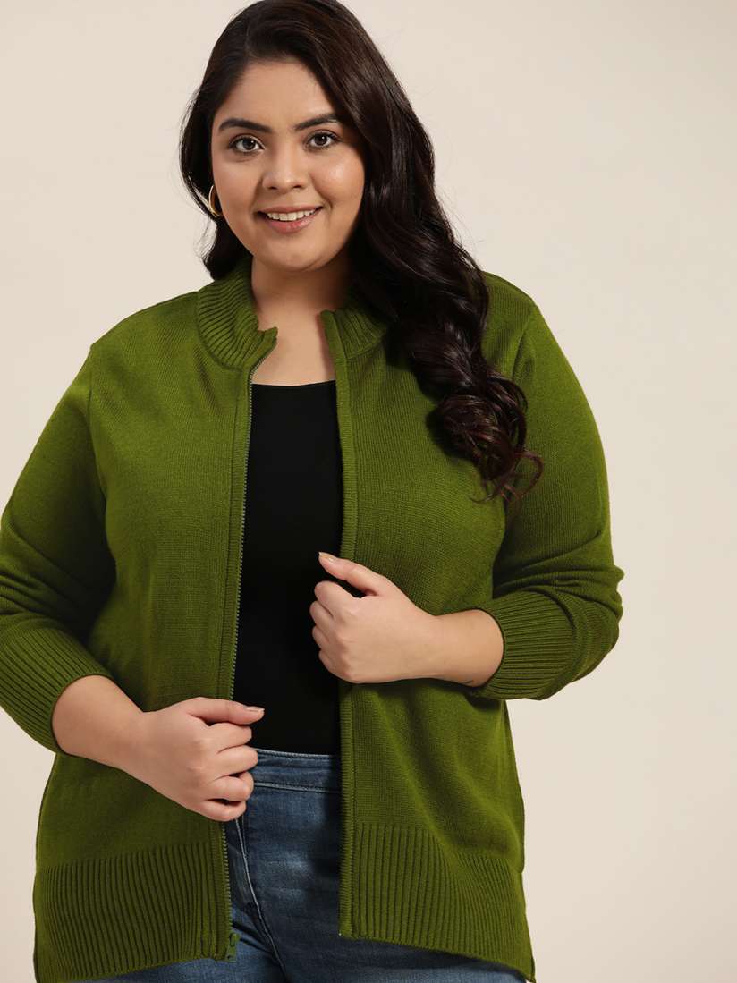 Buy Sztori Women Plus Size Olive Green Solid Zipper Cardigan Sweaters for Women 14320650 Myntra