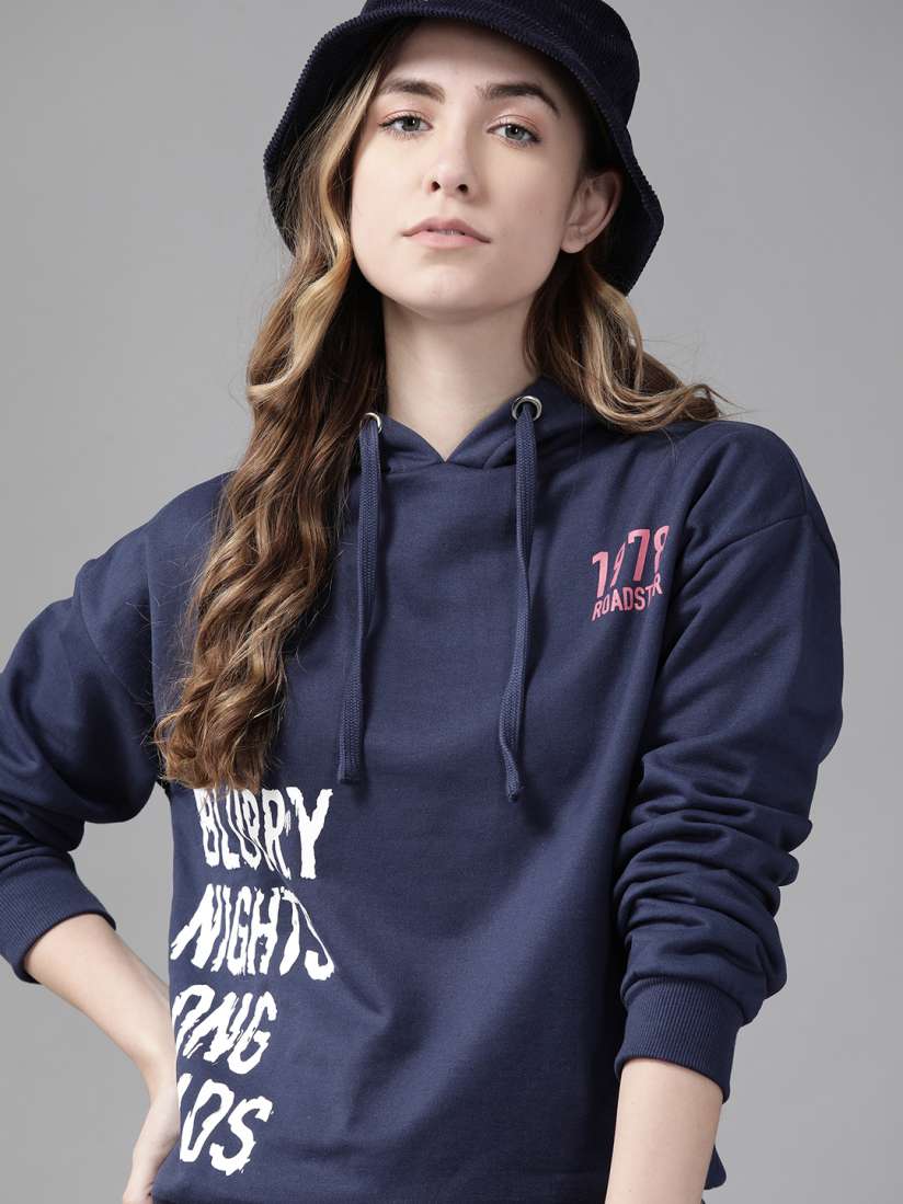Buy Roadster Women Navy Blue White Printed Hooded Sweatshirt Sweatshirts for Women 14331912 Myntra
