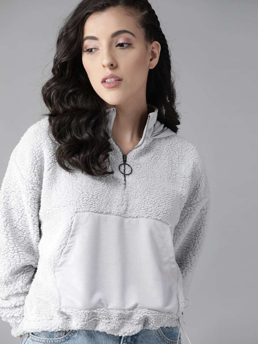 Buy Roadster Women Grey Hooded Sherpa Sweatshirt Sweatshirts for Women 14332166 Myntra