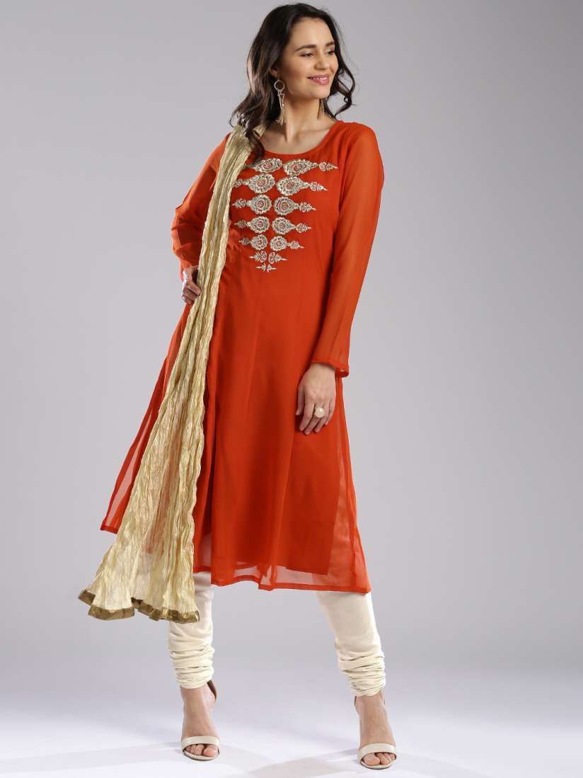 Buy IMARA Orange Off White Emroidered Churidar Kurta with Dupatta Kurta Sets for Women 1433636 Myntra