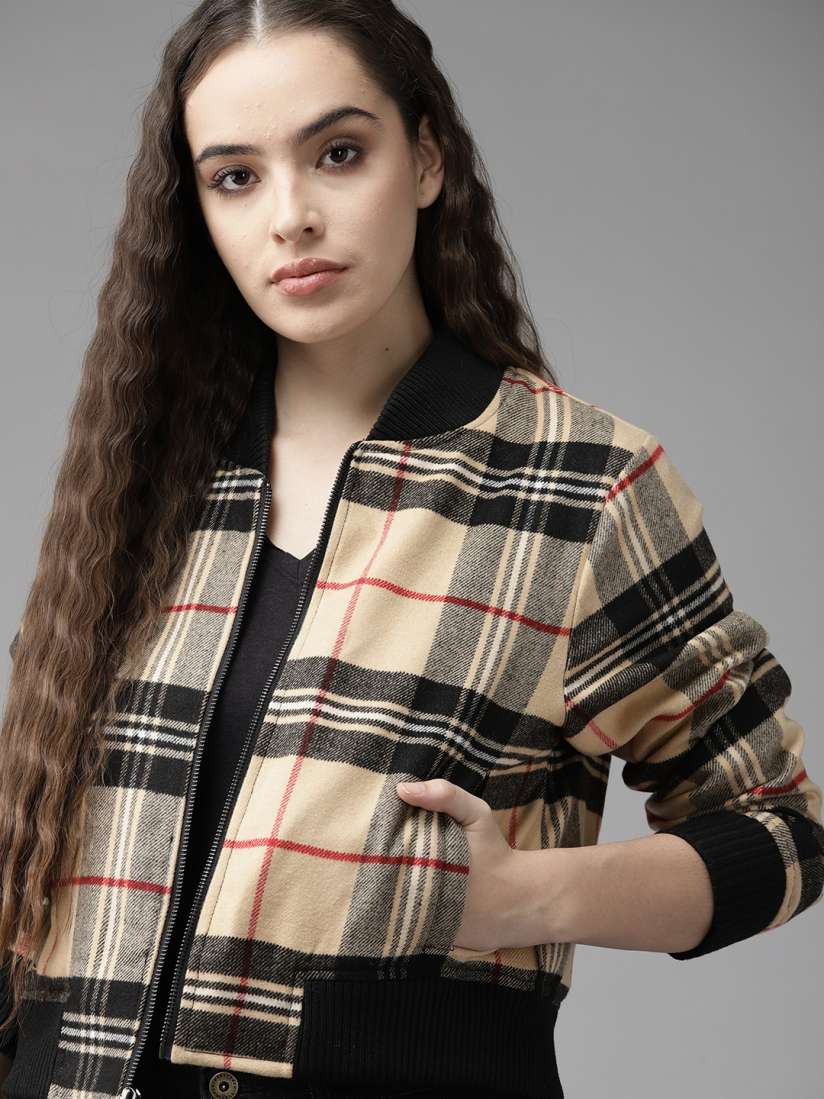 Buy Roadster Women Beige Black Checked Tweed Bomber Jacket Jackets for Women 14355350 Myntra