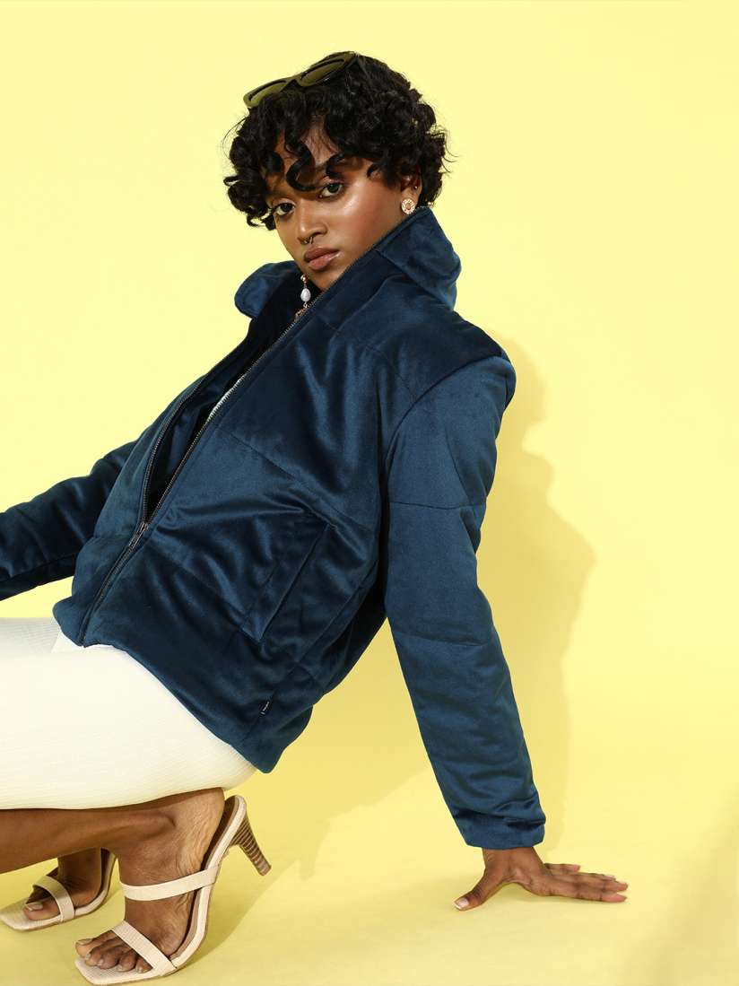 Buy Roadster Women Blue Solid Mock Collar Velvet Bomber Jacket Jackets for Women 14355368 Myntra