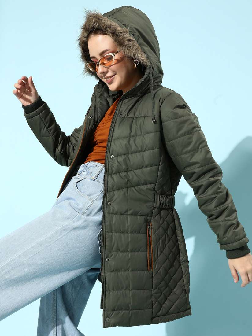 Buy Roadster Women Olive Green Solid Faux Fur Trim Longline Parka Jacket Jackets for Women 14355406 Myntra