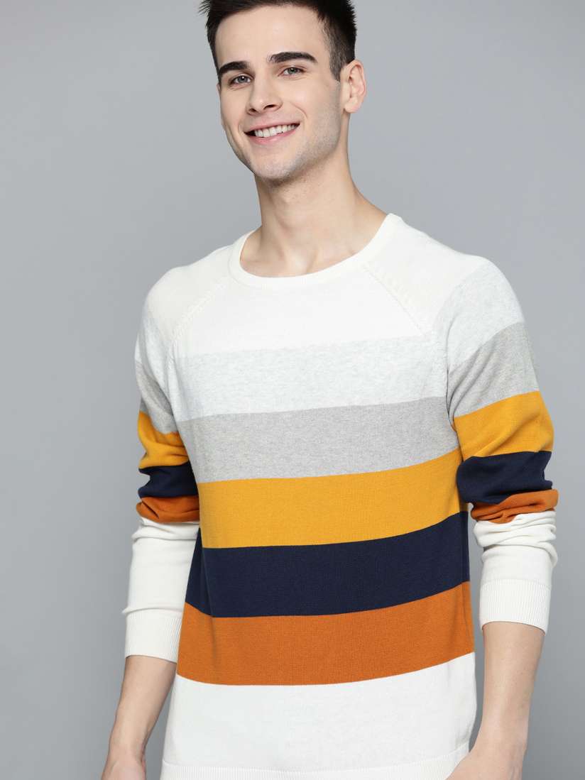 Buy Mast Harbour Men White Mustard Yellow Striped Pure Cotton Pullover Sweater Sweaters for Men 14363374 Myntra