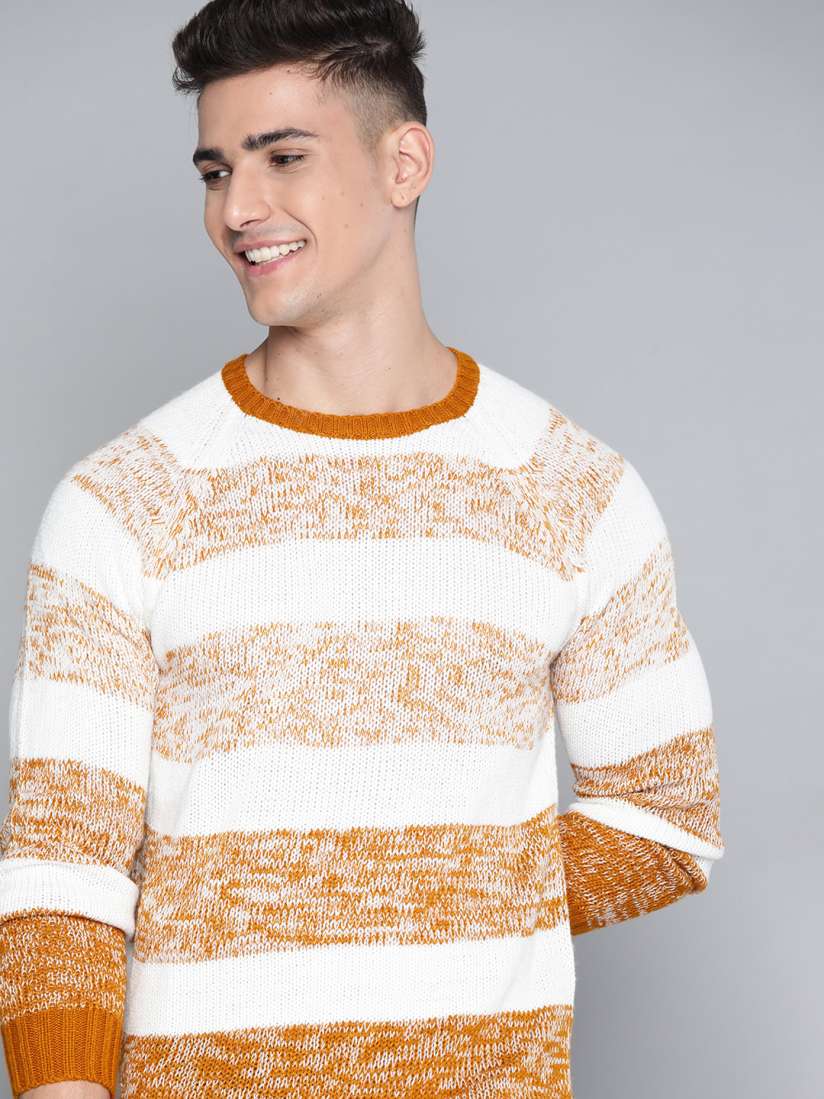 Buy Mast Harbour Men Mustard Yellow White Striped Pullover Sweaters for Men 14363802 Myntra