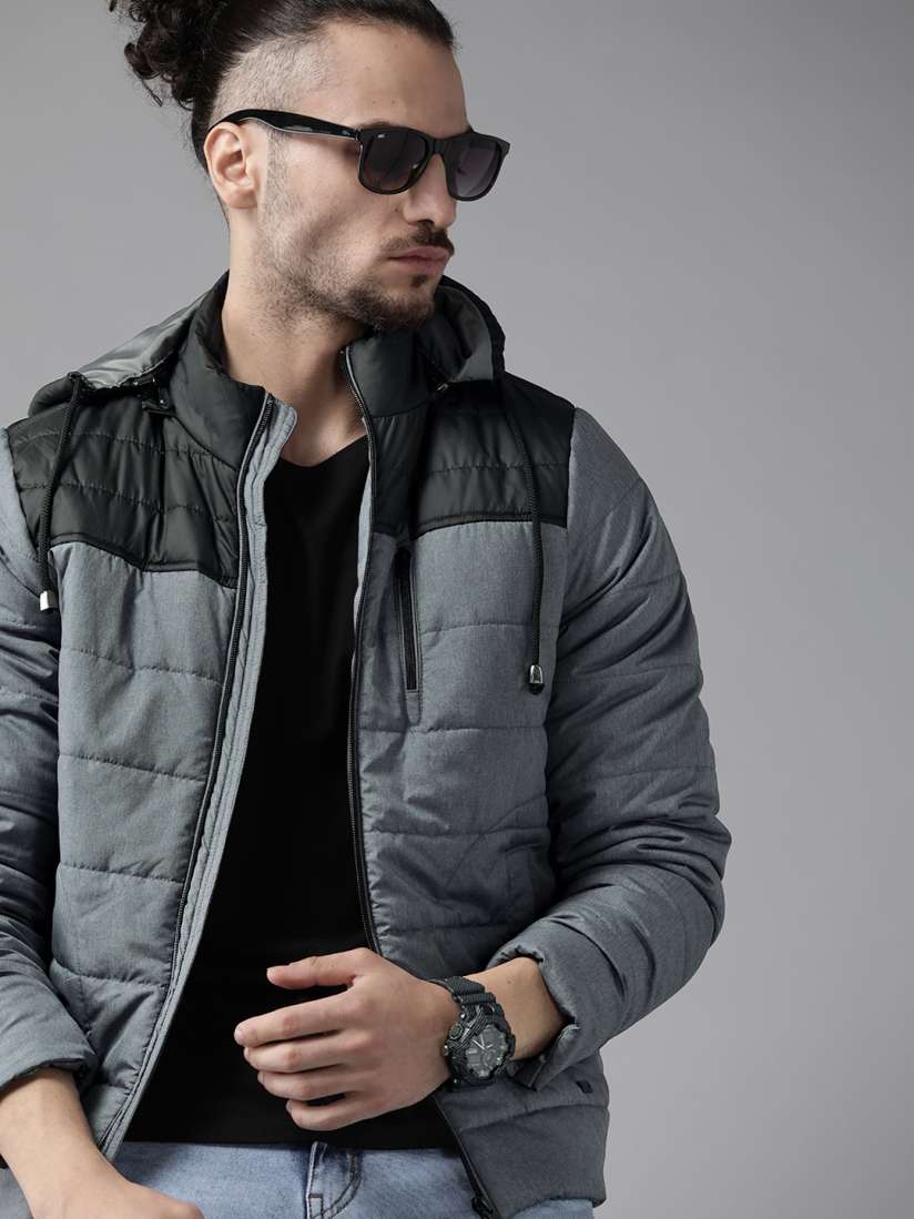 Roadster Men Charcoal Grey & Black Colourblocked Padded Jacket with Detachable Hood (S) by Myntra