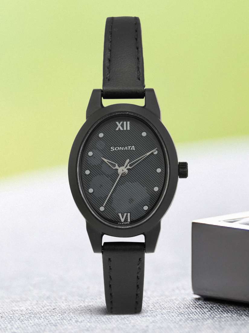 Sonata black leather watch clearance