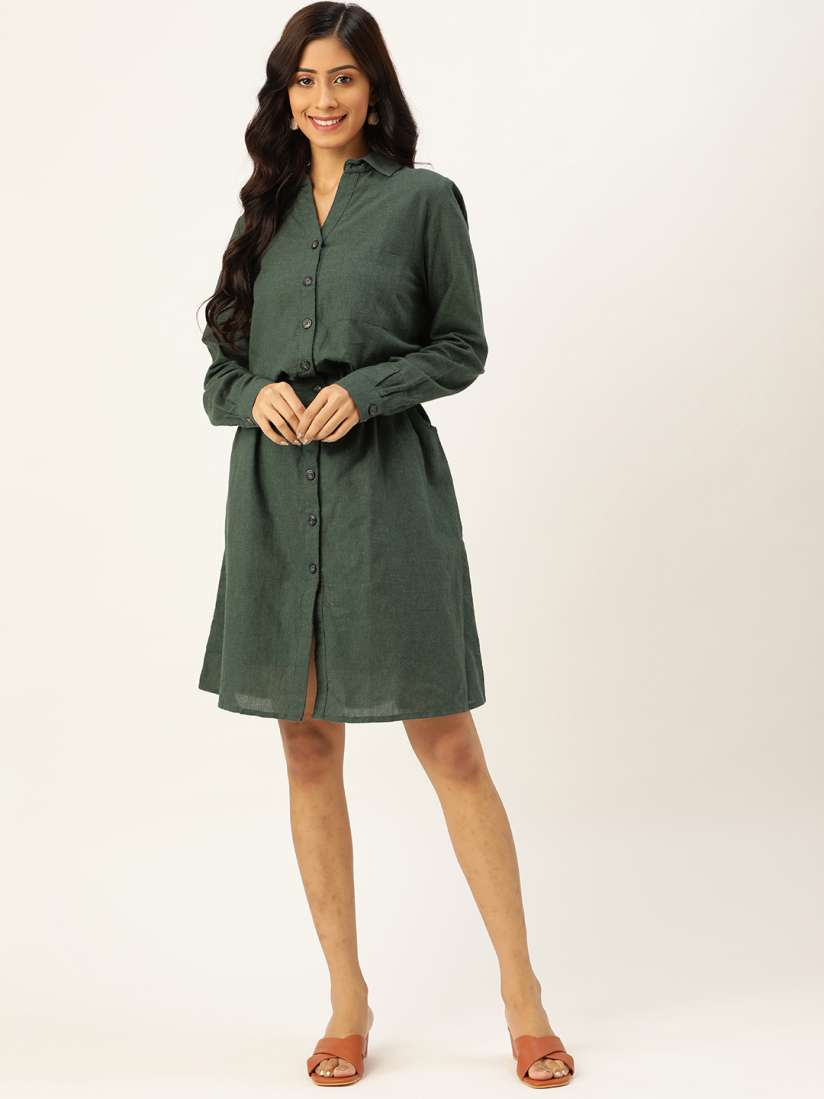Buy Vaak Green Solid Pure Cotton Shirt Dress Dresses for Women 14401634 Myntra