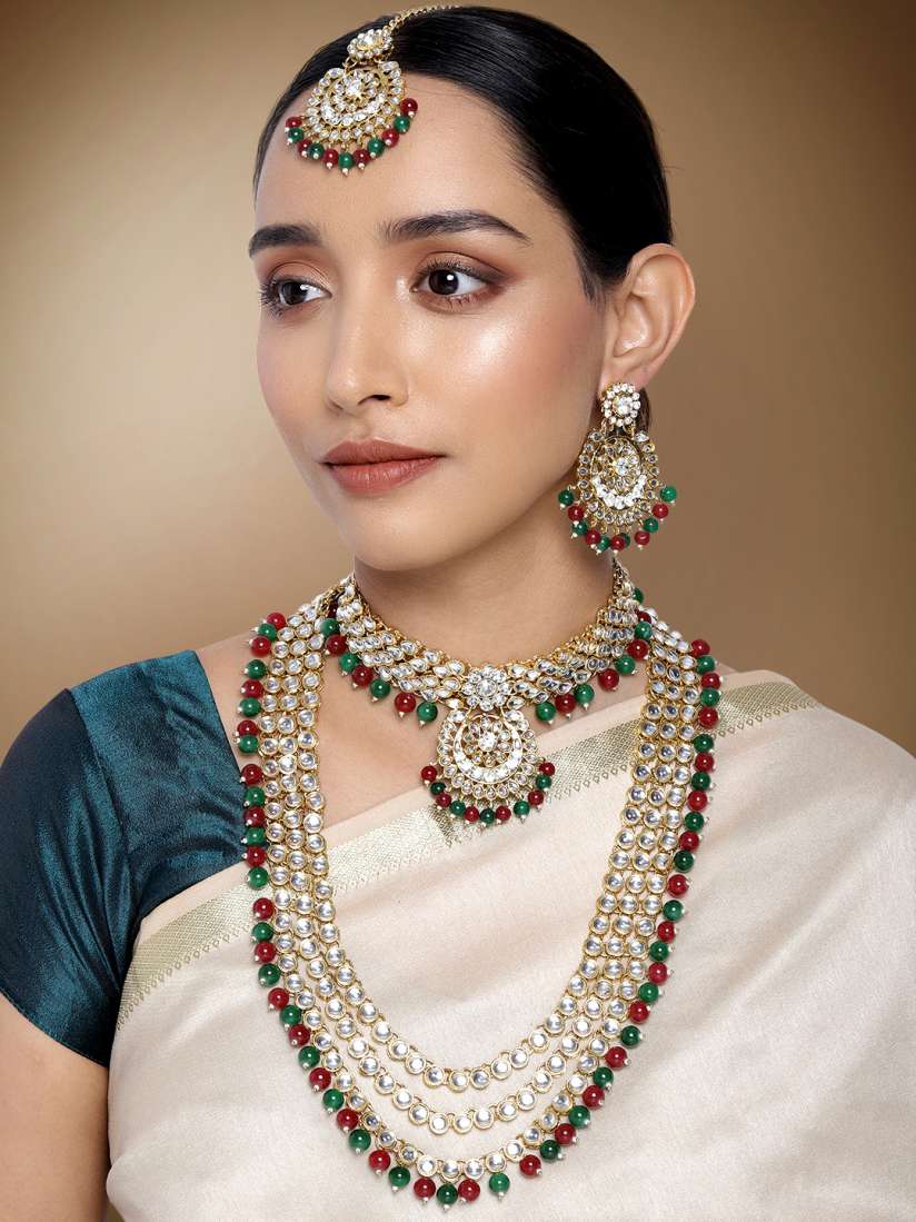 Buy Peora 18K Gold Plated Kundan Beaded Bridal Necklace Earrings Jewellery Set Jewellery Set for Women 14429892 Myntra
