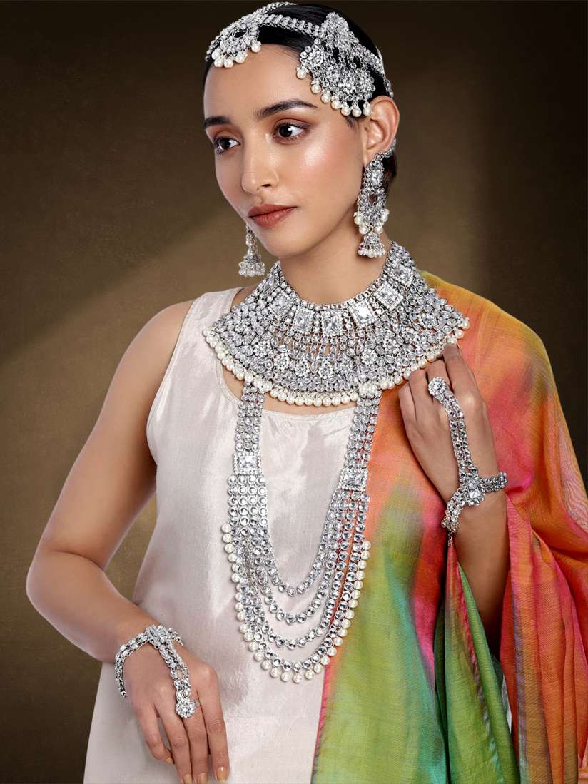 Buy Peora18K Silver Plated Jodha Akbar Handcrafted Kundan Studded Bridal Jewellery Set Jewellery Set for Women 14429966 Myntra