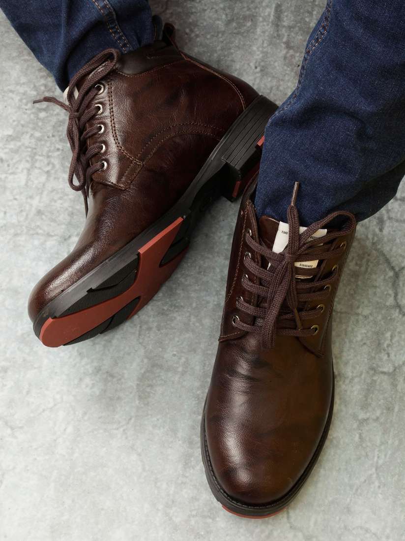 Buy ID Men Brown Mid-Top Leather Regular Boots Boots for Men