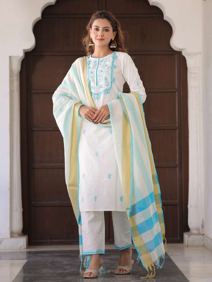Buy Jaipur Kurti Women White Blue Embroidered Pure Cotton Kurta with Trousers Dupatta Kurta Sets for Women 14461668 Myntra