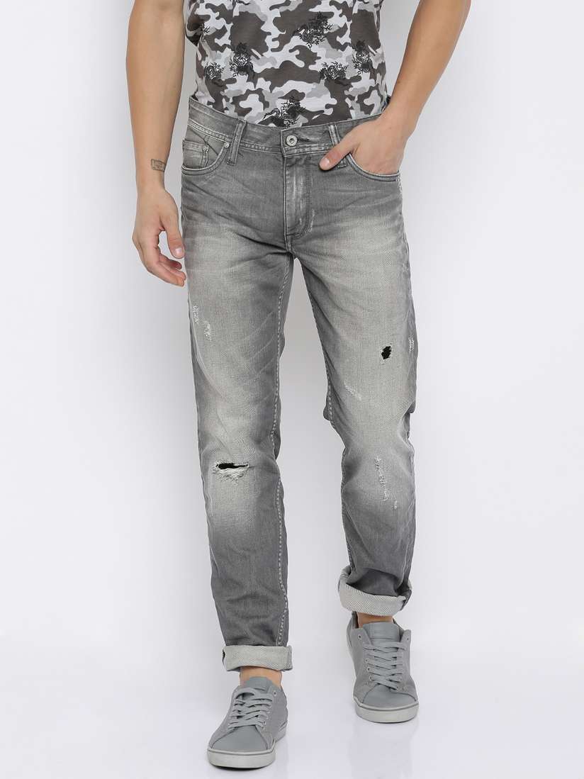 Mens Grey Distressed Jeans Slim Fit Skinny Stretch Stacked