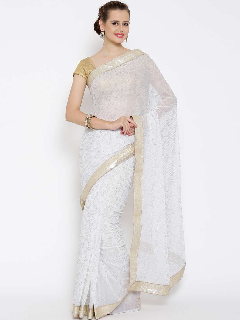 Buy Jashn Off White Georgette Shimmer Saree Sarees for Women 1453165 Myntra
