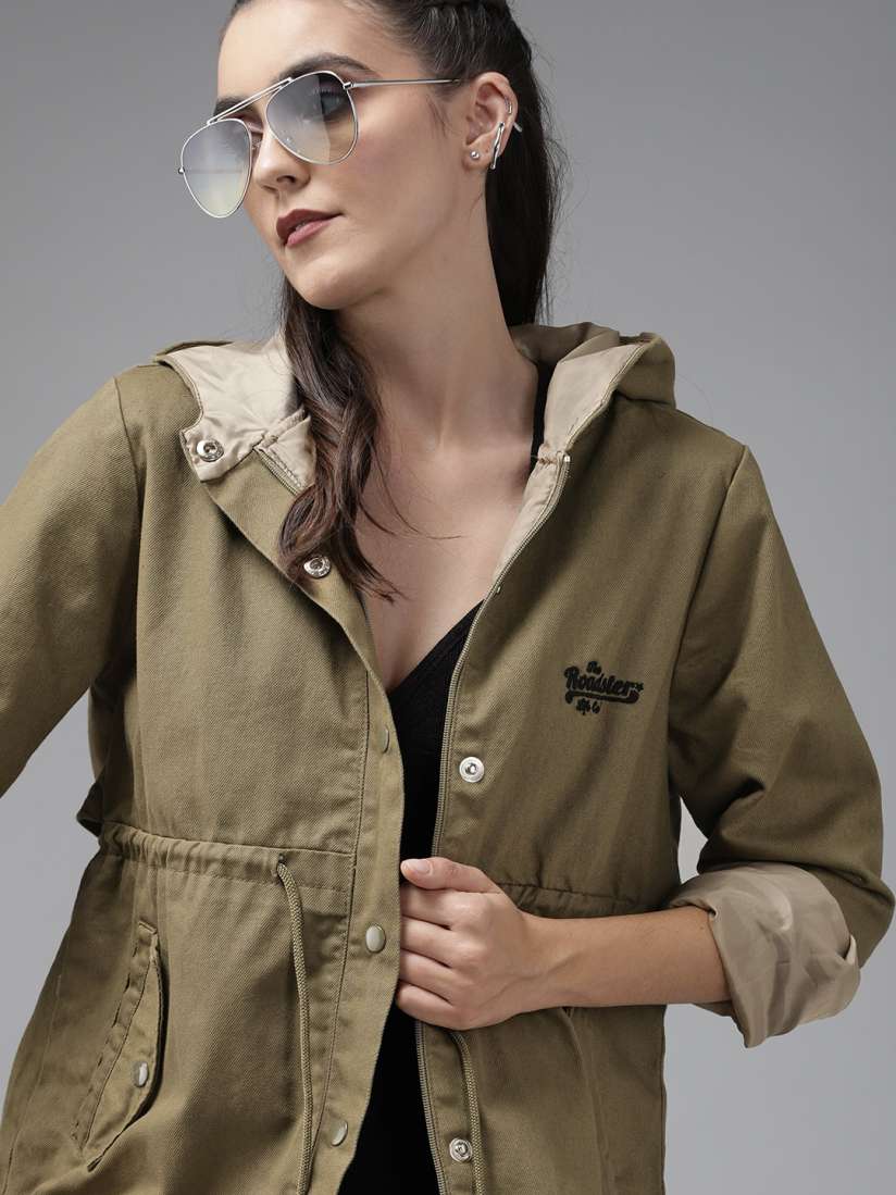 Buy Roadster Women Olive Green Pure Cotton Hooded Denim Jacket with Adjustable Waist Tie Up Jackets for Women 14536026 Myntra