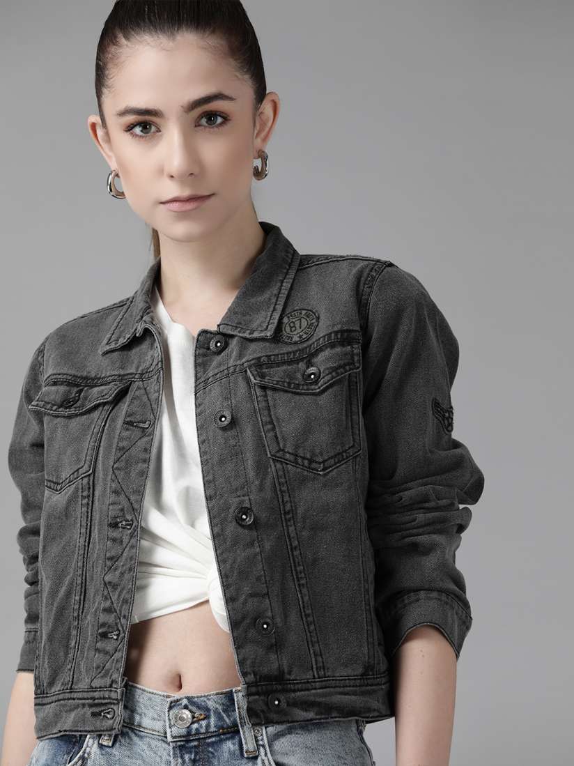 Grey denim jacket for women sale