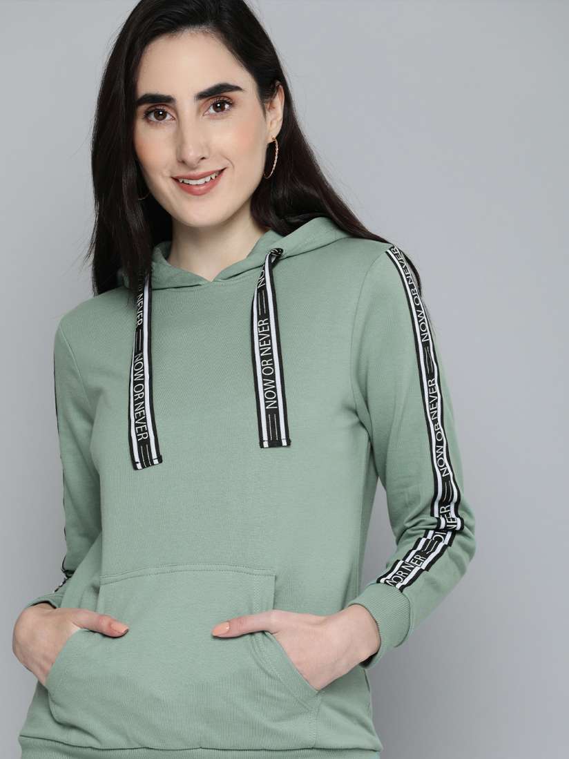 Buy HERE NOW Women Sea Green Hooded Side Tape Sweatshirt Sweatshirts for Women 14557088 Myntra
