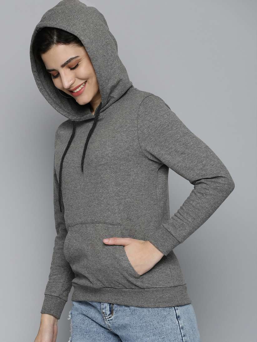 Buy HERE NOW Women Grey Solid Hooded Sweatshirt Sweatshirts for Women 14557206 Myntra