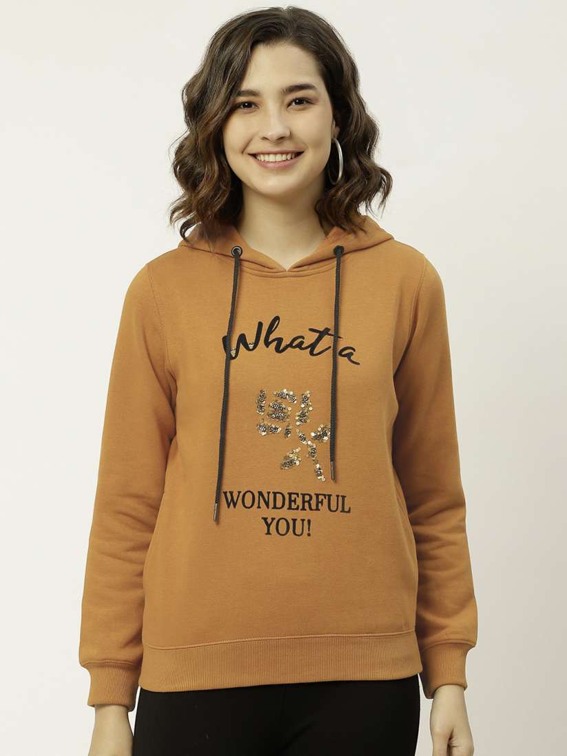 Buy Madame Women Camel Brown Printed Hooded Pullover Sweatshirt With Embellished Detail Sweatshirts for Women 14564176 Myntra