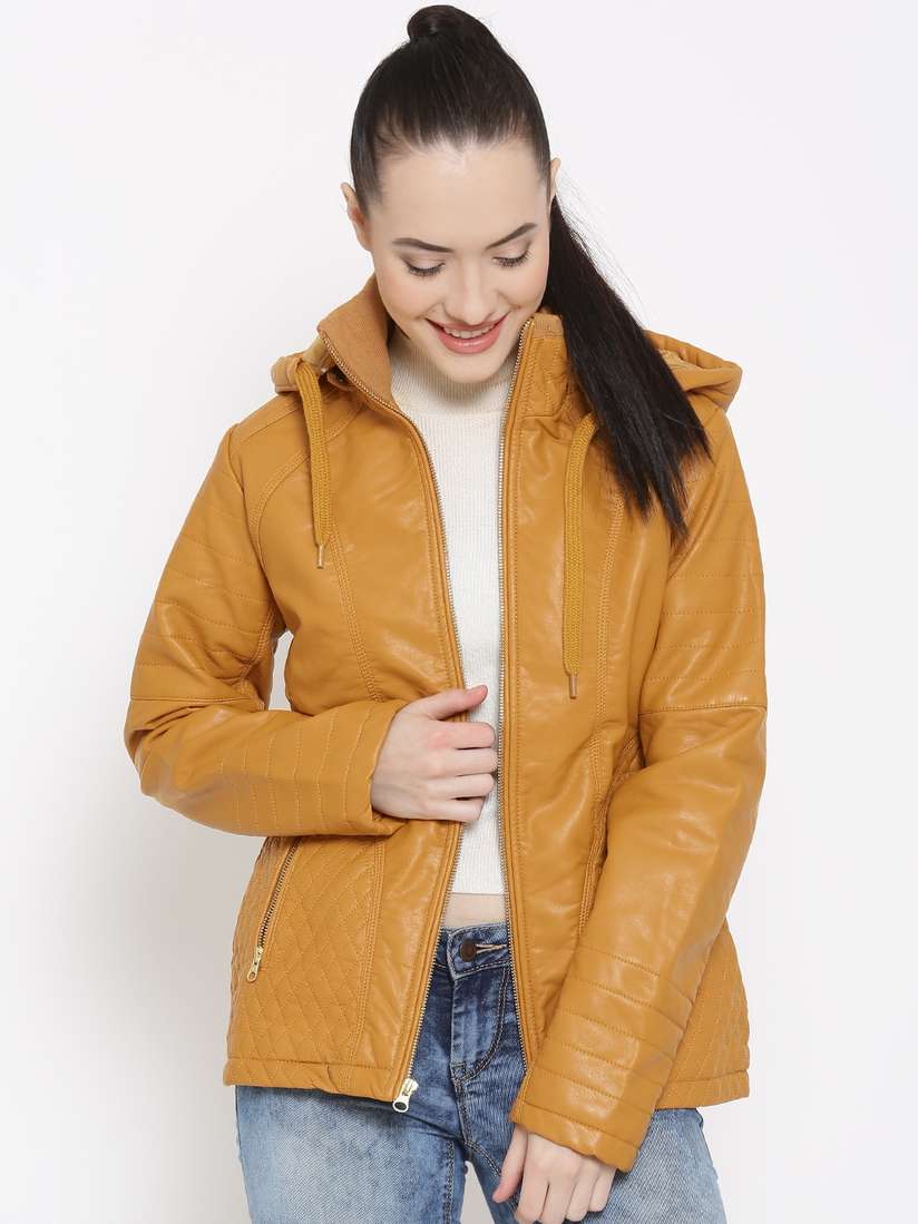 Leather Jacket Yellow Coat With Black Fur Hood Leather Jacket With - Main Image