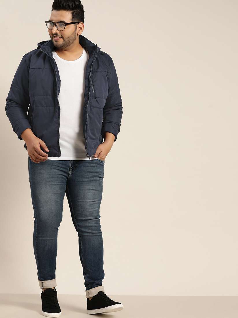 Buy Sztori Men Plus Size Navy Blue Hooded Padded Jacket Jackets
