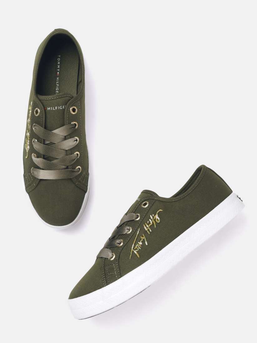 Buy Tommy Hilfiger Women Olive Green Solid Sneakers with Brand Logo Embroidered Detail Casual Shoes for Women 14627992 Myntra