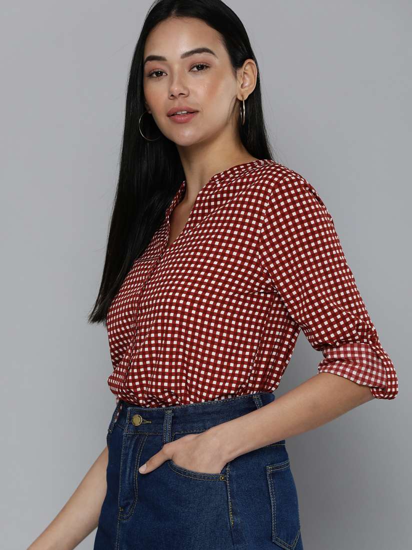 Buy Harvard Women Red Gingham Checks Roll Up Sleeves Casual Shirt Shirts for Women 14676544 Myntra