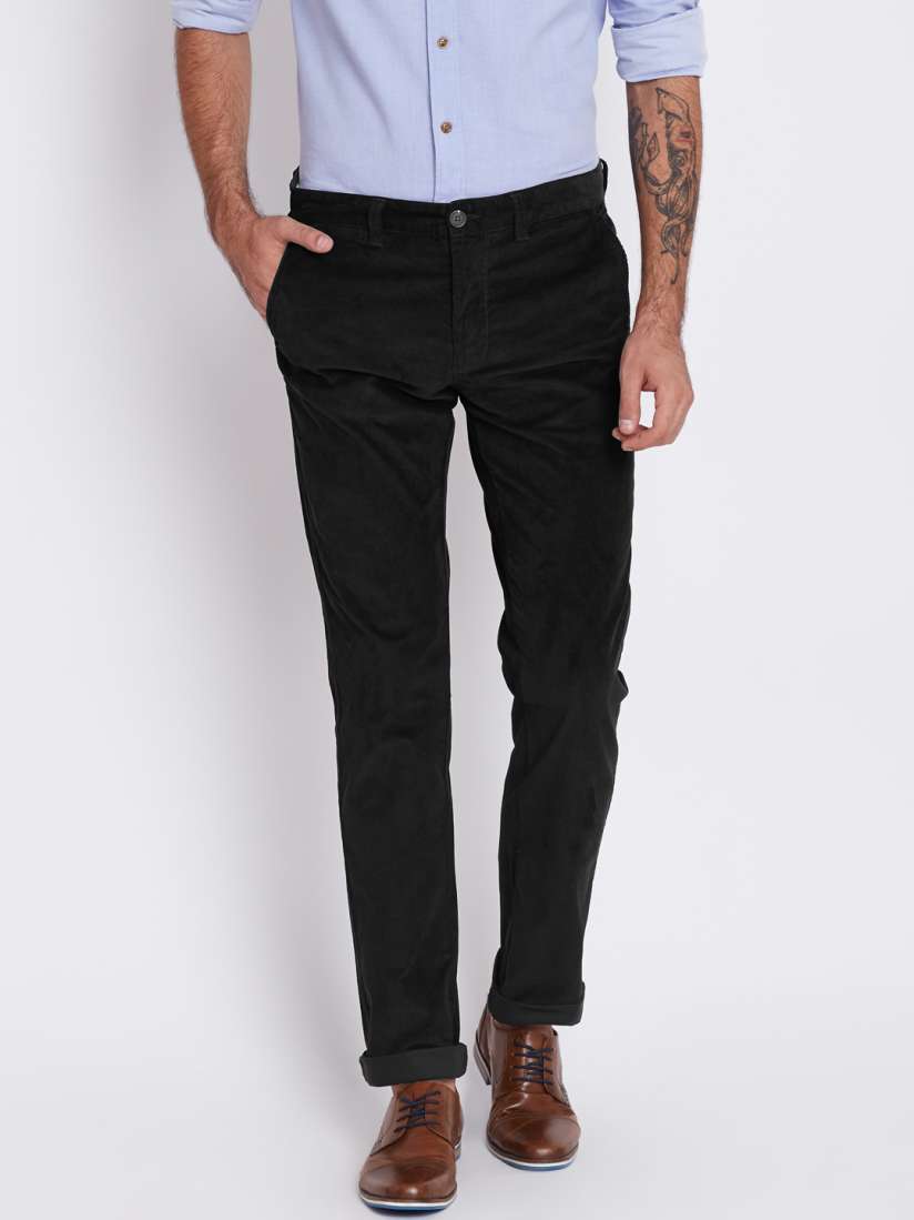 Buy Indian Terrain Men Black Solid Brooklyn Fit Flat Front Casual Trousers Trousers for Men 1467806 Myntra