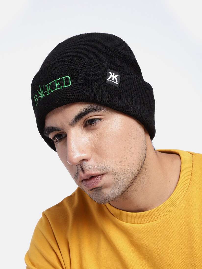 Buy Kook N Keech Unisex Black Self Design Beanie Caps for Unisex