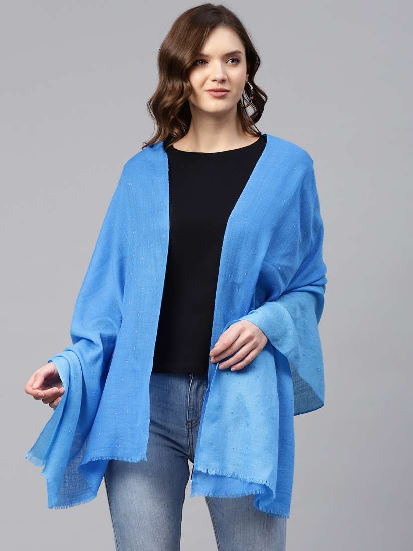 Buy MODARTA Women Blue Embellished Shawl with Fringed Border Shawl for Women 14707166 Myntra