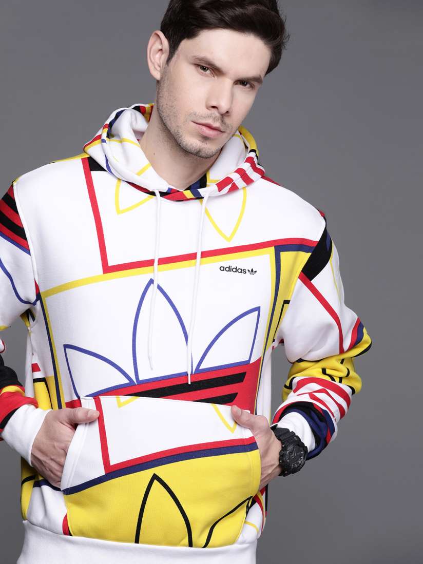 Buy ADIDAS Originals Men White Yellow Brand Logo All Over Print Play Hooded Sweatshirt Sweatshirts for Men 14746276 Myntra