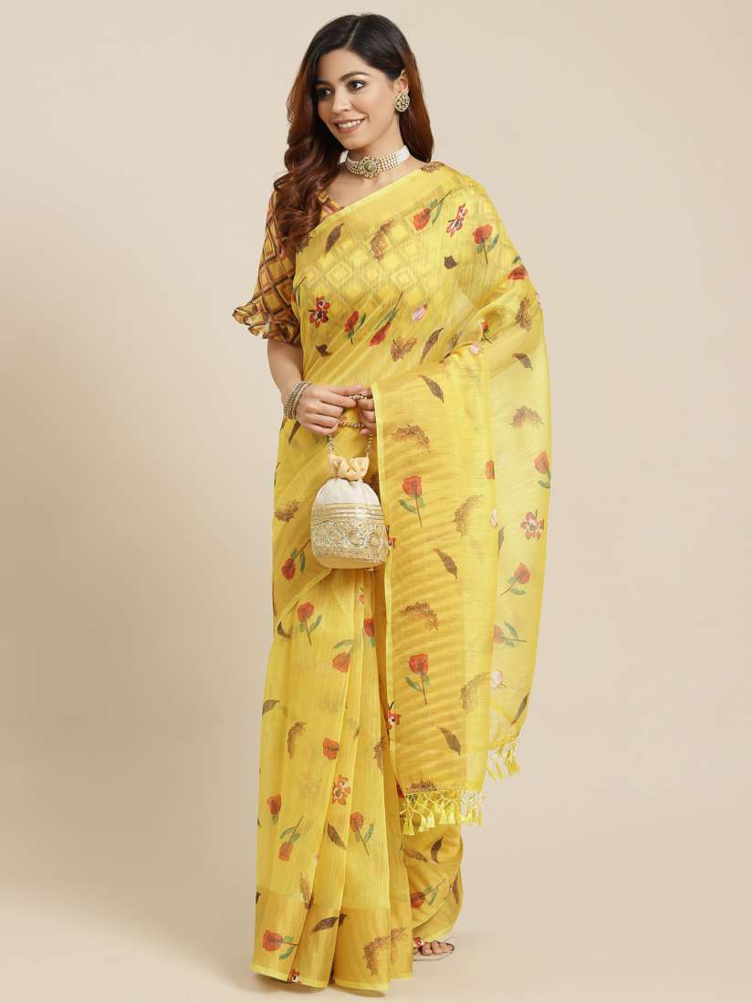 Buy Mitera Yellow Linen Cotton Floral Print Handloom Saree Sarees for Women 14765442 Myntra